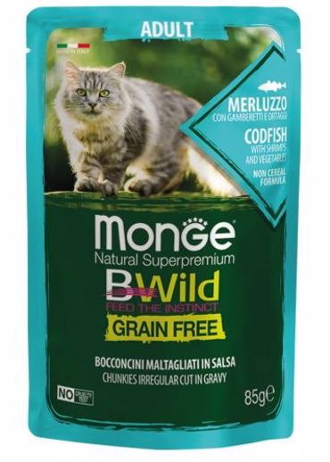 Monge BWild Φακελάκι Γάτας Grainfree Μπακαλιάρος - Γαρίδα  Σε Σάλτσα 85g